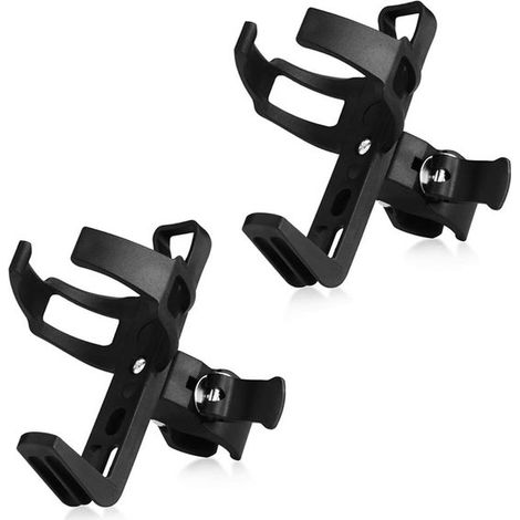 Lot de 2 porte-bidons universels avec pince antidérapante et rotation à 360°, pour vélo, poussette et fauteuil roulant, guidon ou cadre, compatibles bouteilles souples Ø 6,35 à 8,38 cm, noir (1/5)
