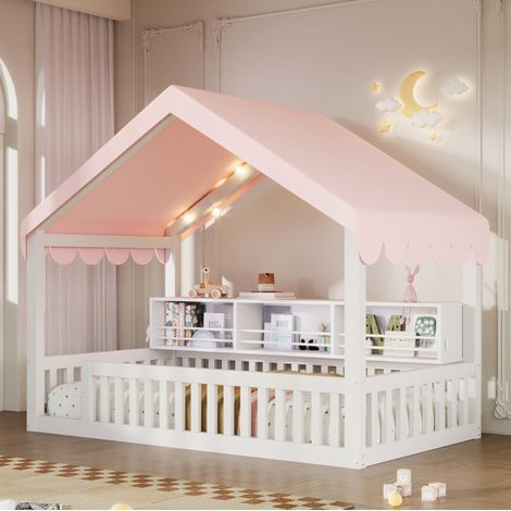 Lit cabane 90x200 cm blanc en bois et MDF avec ciel de lit, éclairage LED et bibliothèque (1/5)