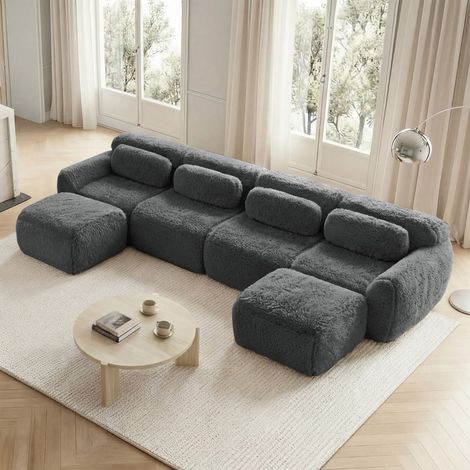 Modulares U-förmiges 4-Sitzer-Sofa – 378 x 179 x 73 cm – Panoramisches XL-Sofa aus Plüschstoff mit 2 Ottomanen – Grau