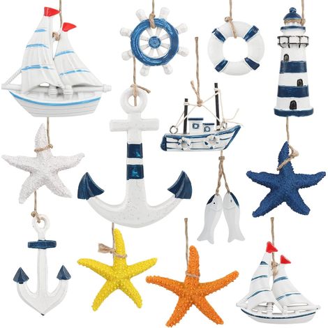Ensemble de 13 décorations murales sur le thème de la plage et de la mer, comprenant des étoiles de mer, un phare, une ancre, un bateau et des anneaux. (1/5)