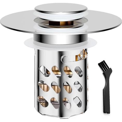 Bouchon de vidange 3 en 1 pour lavabo, panier filtre à cheveux amovible en acier inoxydable, crépine en laiton pour cheveux et débris (1/5)