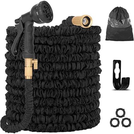 Tuyau d'arrosage extensible de 30 m avec pistolet pulvérisateur 8 fonctions, tuyau magique extensible (noir) (1/4)