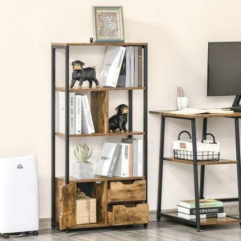 Libreria in stile industriale con armadietto e 2 cassetti per libri e contenitori, 58x24x122 cm, marrone rustico.