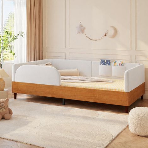 Lit enfant 90x200 cm en velours et bois blanc, avec rangement, pour chambre, sans matelas FloraGrace (1/5)