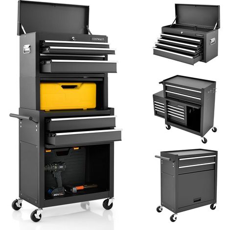 2-In-1 Lockable Tool Storage Cabinet High Capacity Rolling Tool Chest 6-Drawers