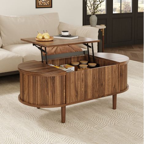Ovale Couchtisch mit Hubplatte 100x48x53,5 cm aus braunem MDF mit Stauraum – MEUBLIV (1/5)