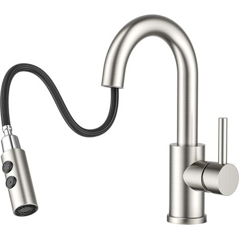 Robinet de salle de bain haute douchette extensible, rotatif à 360°, en acier inoxydable, mitigeur eau chaude/froide, montage facile pour salle de bain, cuisine, petit camping-car (1/5)