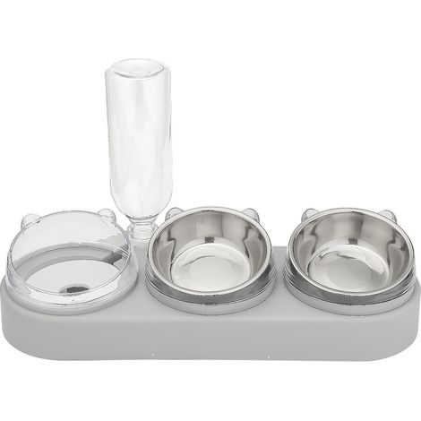 Gamelle 3 en 1 pour chat avec distributeur d'eau automatique, inclinable à 15°, matériau sûr et facile à nettoyer, grise.