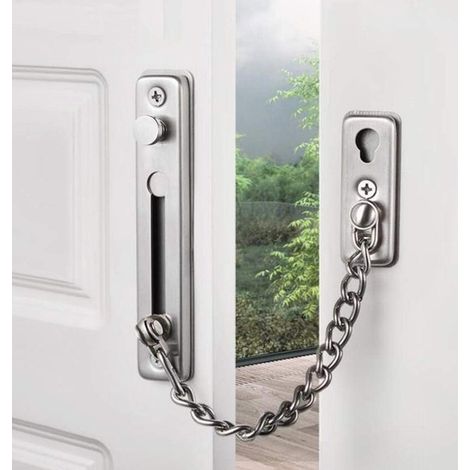 Catena di sicurezza per porte in acciaio inox. Montaggio professionale con adesivo. Materiale: acciaio inox 304. Con serratura a molla per la protezione antieffrazione. Per porte e finestre interne. (1/5)