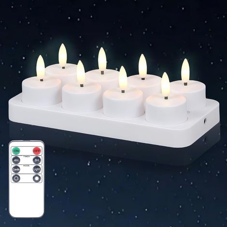 Lot de 8 bougies chauffe-plat LED avec minuterie - Rechargeables - Bougies chauffe-plat électriques avec télécommande et station de charge - Pour décoration de salon, mariage, Noël (1/5)