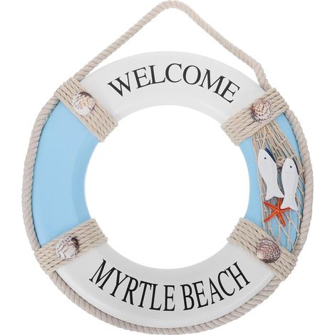Bouée de Sauvetage Décorative en Bois Bleu, Applique Murale Vacances (1/5)