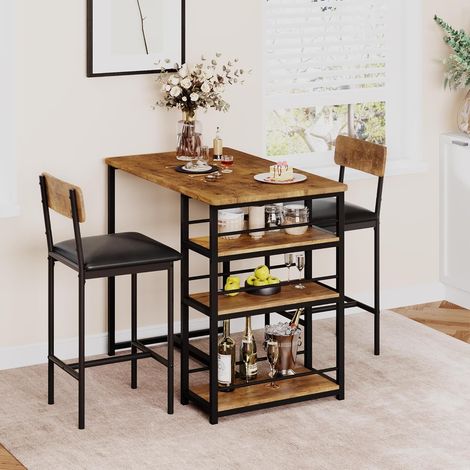 Ensemble Table de Bar,Table a Manger avec 2 Chaises Rembourrées,Table de Cuisine avec 3 Étagères,Table de Bar Métallique avec Ensemble de Tabourets de Bar,Table de Bistrot pour Cuisine(Marron) (1/5)