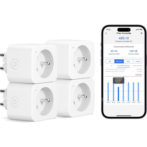 Prise Connectée (Type E), 16A Prise WiFi Compatible avec 4 Prises avec Mesure Consommation Électrique avec Commande Vocale, Contrôle à Distance et Configuration Bluetooth (1/5)