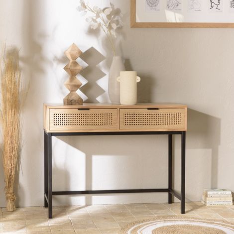 MARCEAU - Console en bois 2 tiroirs cannage naturel pieds métal noir (1/5)