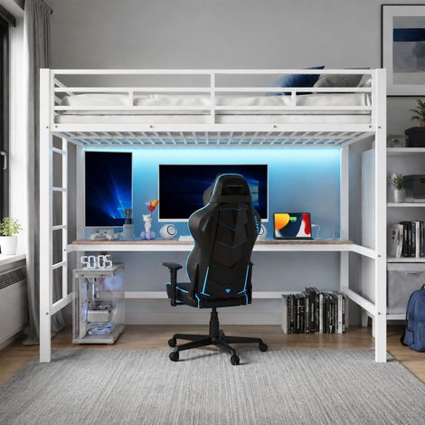 Hochbett 90x200 cm weiß aus Metall und MDF mit Schreibtisch, Leiter, Geländer und LED-Lichtleiste (1/5)