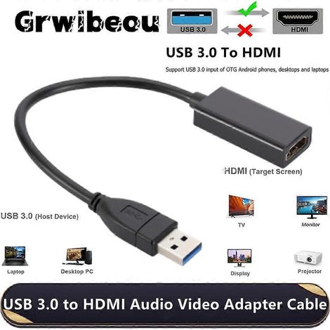 Convertisseur compatible USB 3.0 vers HDMI, câble adaptateur pour carte graphique externe USB mâle vers HDMI femelle 1080p, convient aux PC, ordinateurs portables et téléviseurs HD. (1/5)