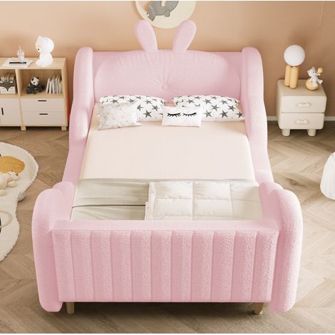 Kinderbett Polsterbett modern 90x200 cm, Teddy-Stoff rosa, mit Kopfteil, Hasenkissen, Wolkenseiten und Lattenrost (1/5)