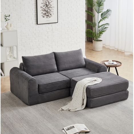 Divano letto modulare 2 in 1 in velluto a coste grigio, con 2 cuscini, OKWISH (1/5)
