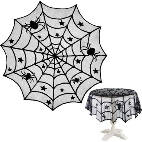 Nappe - 102 cm - Nappe d'Halloween - Chemin de table - Nappe ronde - Décoration de table d'Halloween - Nappe ronde noire en dentelle à motif toile d'araignée (1/5)