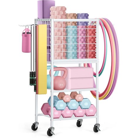 Dumbbell Rack & Stand, Yoga Mat Storage with Hooks and Wheels, Home Gym Weight Rack for Dumbbells, Kettlebells, Yoga Mat, Yoga Block, Foam Roller and Resistance Band Blanc (1/5)