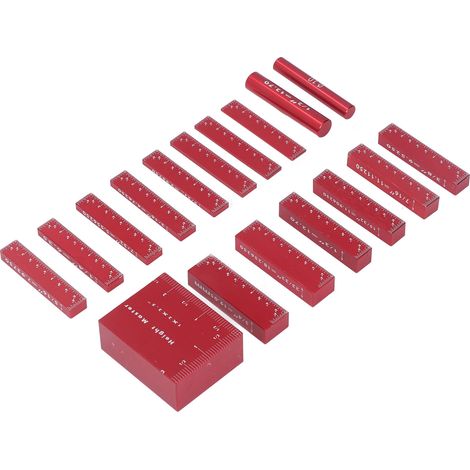 Jeu de 17 cales de réglage en aluminium pour fraiseuse et scie circulaire, idéal pour ajustement précis de hauteur. (1/5)