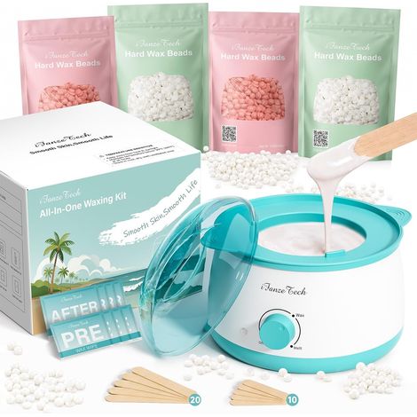 Chauffe Cire Epilation Appareil Chauffe-cire: Kit Cire Épilation avec 400g Epilation Perles pour Dépilatoire, Chauffe 10 mins, Pour Tous Types de Poils, Pour les Débutants, Bleu (1/5)