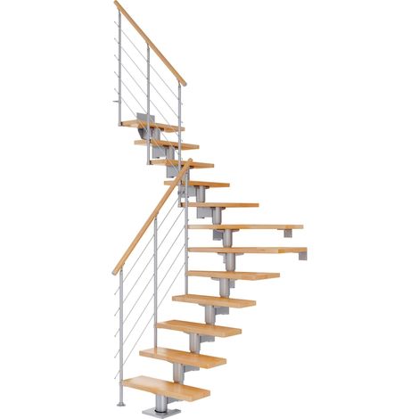 Dolle Mittelholmtreppe Cork Eiche, lackiert 1/4 gewendelt 75 cm breit für GH 240 – 292 cm UK Metall Perlgrau mit Geländer