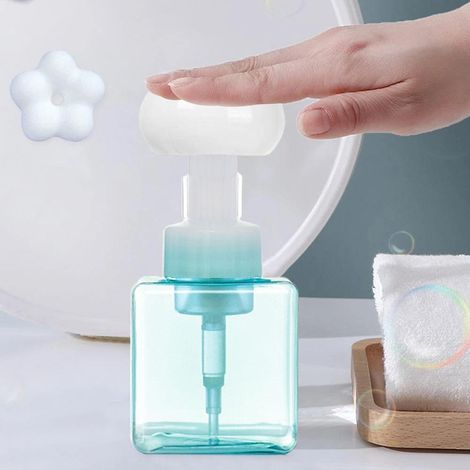 Distributeur de savon liquide 250ml en plastique, forme fleur, pompe moussante, flacon vide rechargeable pour voyage, bleu translucide (1/5)