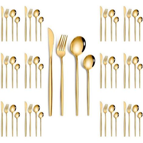 Ménagère 48 pièces - Doré - Couverts pour 12 personnes - Acier inoxydable - Couteau, fourchette, cuillère et cuillère à café inclus (1/4)