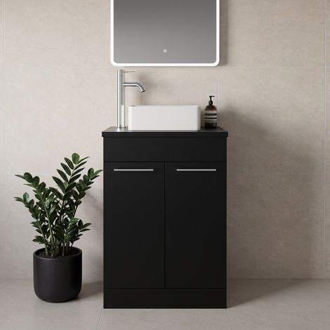 Napoli 390 Matt Black 600mm 2 Door Vanity Unit for Countertop Basins - 600mm - Chrome 160mm Handle