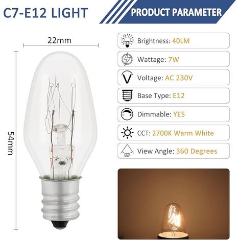 E12 7W Ersatzbirne, Warmweiß 2700K, 40lm, 230V Wechselstrom, Glühlampe, für Orientierungsbeleuchtung, Salzkristalllampe, Salzsteinlampe, Nachtlicht, 3er-Pack (1/5)