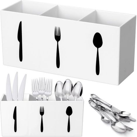BelleRise - Organisateur de couverts, boîte de rangement, porte-couverts, porte-fourchettes, porte-couverts de comptoir (blanc, taille moyenne) (1/3)