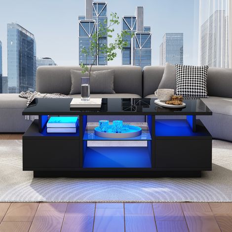 Table basse, en verre, 2 tiroirs, éclairage LED, noir, 100 x 50 x 36 cm, pour salon, LED haute brillance avec rangement et cloison verre