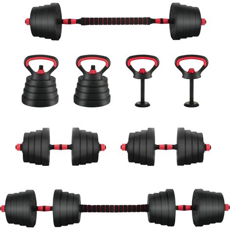 Set de mancuerna, barra y kettlebell 4 en 1 30 kg Negro y rojo vidaXL