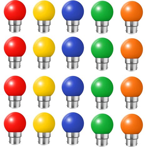 Set mit 20 farbigen LED-Lampen, B22-Bajonett Lampen, 2 W, Rot, Gelb, Orange, Grün, Blau, unzerbrechlich (entspricht 20 W). (1/5)