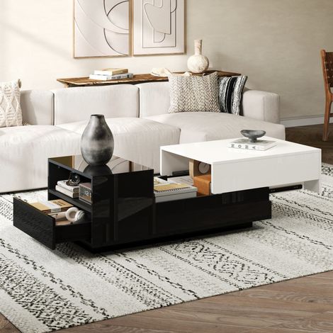 Table Basse avec Rangement - 100x50x38cm - Plateau Coulissant et Finition Brillante 1 Tiroir - Pour Salon Moderne - Noir et Blanc (1/5)