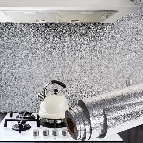 Papel pintado adhesivo resistente al agua y al aceite para salpicaderos de cocina, 40 x 300 cm, color plata, fabricado en lámina de aluminio autoadhesiva.
