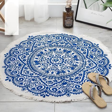 1 Tapis rond, Motif mandala, Coton tissé main, Antidérapant, Salon chambre enfant (1/5)