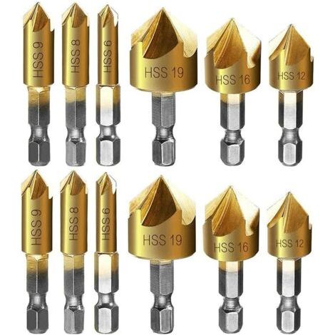 Set di 12 frese per smussatura in metallo con attacco esagonale, punzone autocentrante, punte da trapano per smussatura, 6 mm, 8 mm, 9 mm, 12 mm, 16 mm, 19 mm