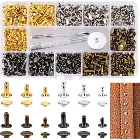 360er-Set Ledernieten, 3 Größen, Ledernieten, Doppelnieten, röhrenförmige Metallnieten mit 3-teiligem Ledernieten-Befestigungswerkzeug für DIY-Lederhandwerk, Ersatznieten, 4 Farben (1/5)
