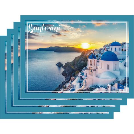 Set 4 Pezzi Tovagliette Americane Città In Vinile Made In Italy Colazione Pranzo Antiscivolo Resistenti Al Calore Facilmente pulibili Riutilizzabili Cartolina Tovaglia Idea Regalo Santorini