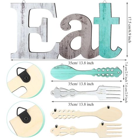 BEBUSINGOTO Lot de panneaux EAT, décoration murale fourchette et cuillère, décoration rustique en bois, lettres mignonnes pour la cuisine et la maison, lettres décoratives en bois à suspendre (1/4)