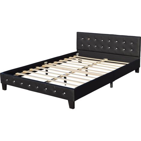 Letto 120x190 - Testata CapitonnÃ© Bianca - Piedi da 10 cm - 13 Doghe - Rivestimento PVC Simil - Montaggio Rapido - Comfort Ottimale - Design Elegante - LETTO EMILIE NERO