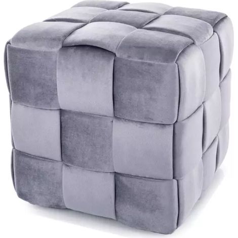 Pouf cube en velours gris à effet tressé, forme carrée et rembourrage doux ANIANKAZ (1/3)