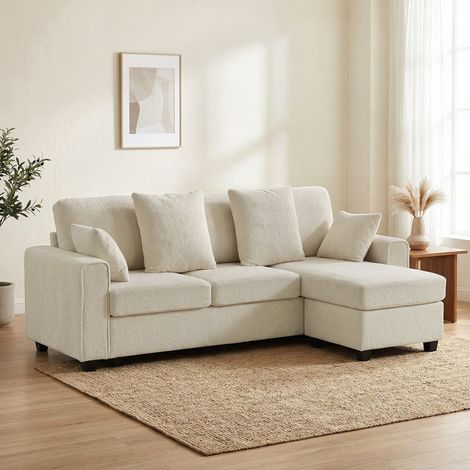 Sofá esquinero con chaise longue reversible, sofá de 3 plazas con aspecto de terciopelo, asiento ancho y profundo, cojines de plumas, color beige.