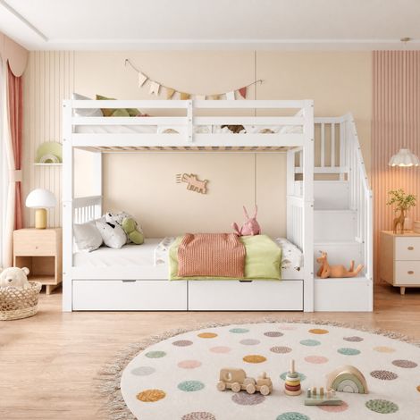 Litera 90x200 cm con escalera estantería, dos cajones, barandillas altas y certificación EN 747-1, en blanco, ideal para habitación infantil  CHICFURN (1/5)