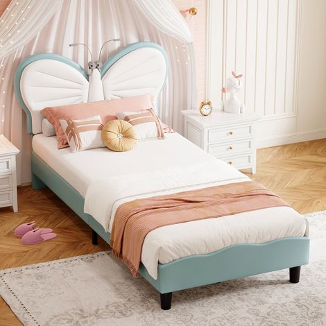 Cama 90 x 200 cm, cama infantil, luces LED, cabecero con forma de mariposa, altura regulable, PU, blanco y azul (1/5)