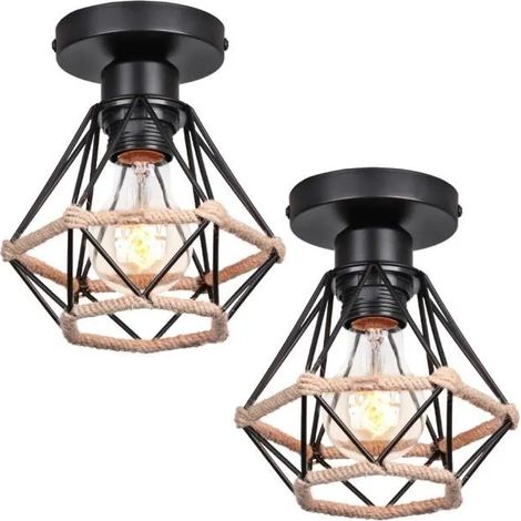 U-Do 2Pcs Plafonnier en en Corde de Chanvre en Métal E27 40W Lampe de Plafonde Luminaire Créatif Industriel (1/4)