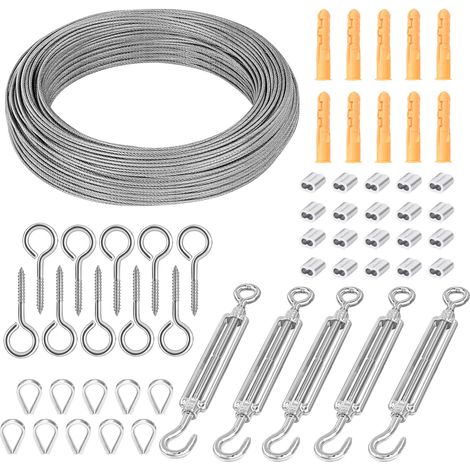 Câble Métallique 50M,2mm Cable Acier,Kit de Câbles de Suspension,Inoxydable à Suspendre Kit pour Clôture Suspension Lumineuse Plantes de Jardin Éclairages de Tableaux (1/5)