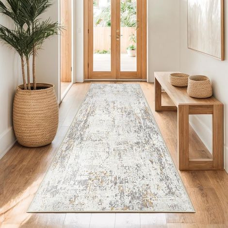 Tapis de couloir 80x200cm Beige Abstrakter Lavable antidérapant Tapis de cuisine Moderne Minimaliste à poils courts en laine artificielle pour salon chambre à coucher (1/5)